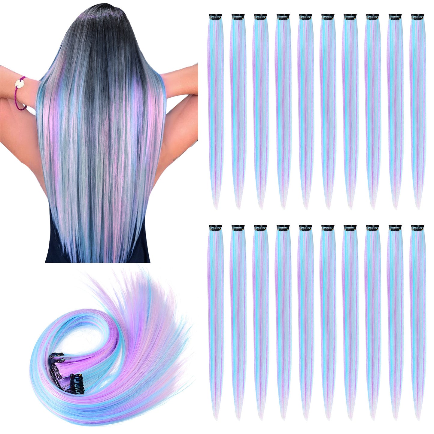 10 pcs Heat-Resistant Unicorn Sraight Hair Extensions for Women - Perfect for Cosplay, Parties and Music Festival
