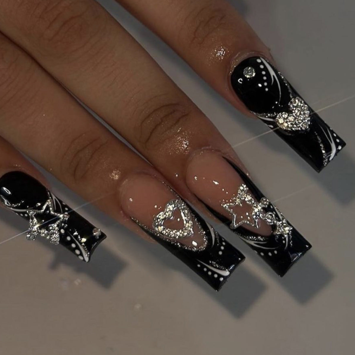 24pcs Long Square Fake Nails, Glossy Black French Tip Press On Nails With HearStar Rhinestone Design, Sweet Cool Full Cover False Nails For Women Girls