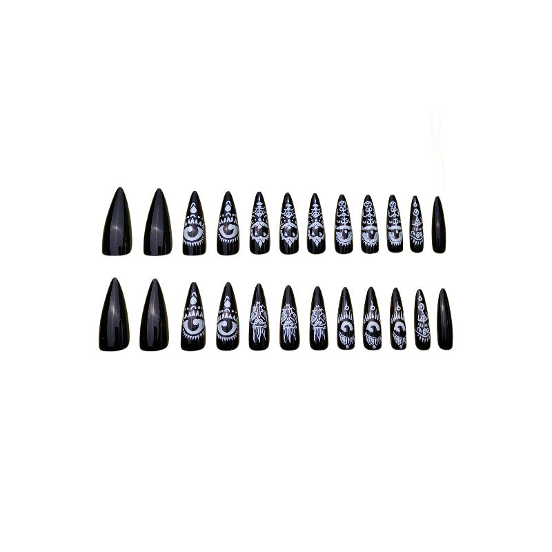 24pcs Long Almond Shape Press-On Nails, Black Glossy Finish With Eye Totem Design, Removable Fake Nail Set For Hands & Feet Care - Perfect Festival Gift