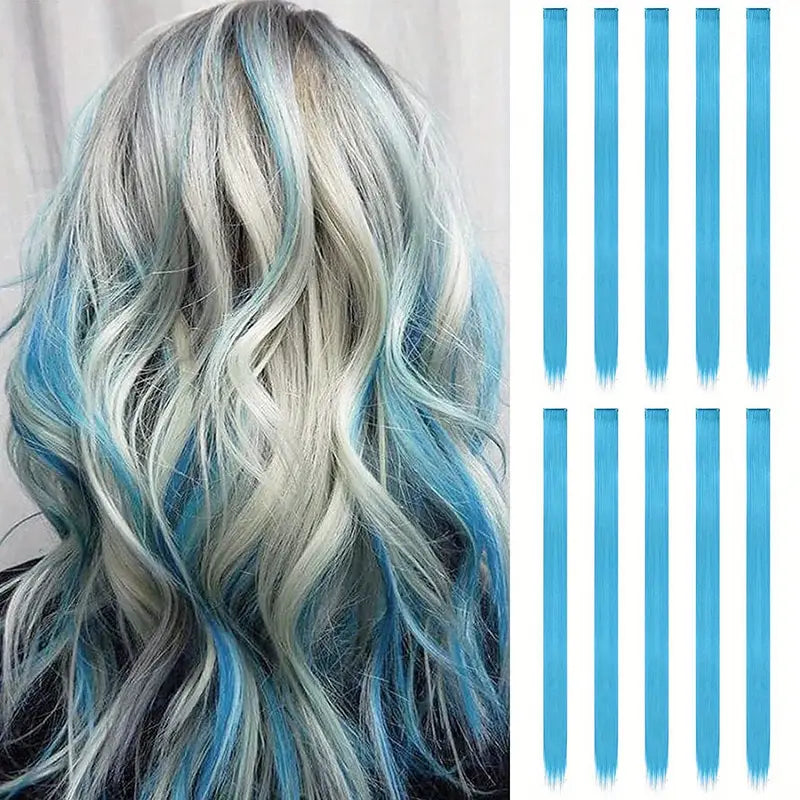 10 pcs Sky Blue Clip-In Hair Extensions for Women - Perfect for Parties, Music Festival and Costumes
