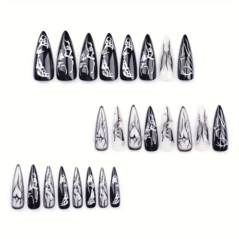 Mixed Color System Gothic Long Drop Shape Press-on Nails with Aura and Holiday Elements, Strobe Finish - Butterfly and Heart Design, European and American Style Fake Nails Set