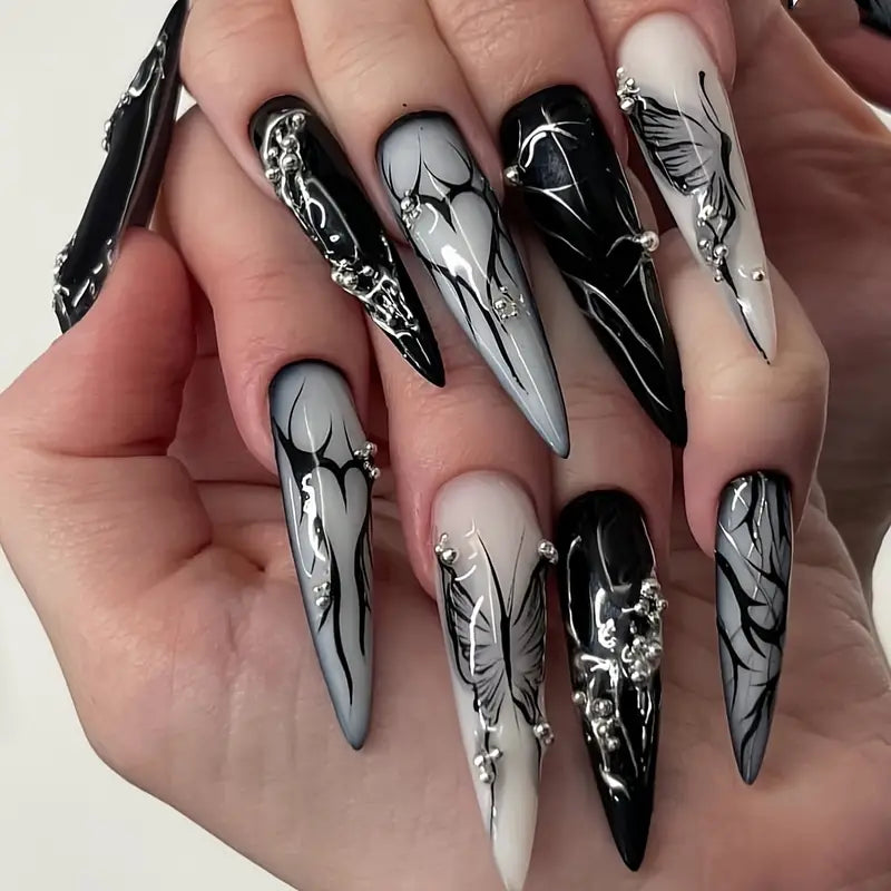 Mixed Color System Gothic Long Drop Shape Press-on Nails with Aura and Holiday Elements, Strobe Finish - Butterfly and Heart Design, European and American Style Fake Nails Set