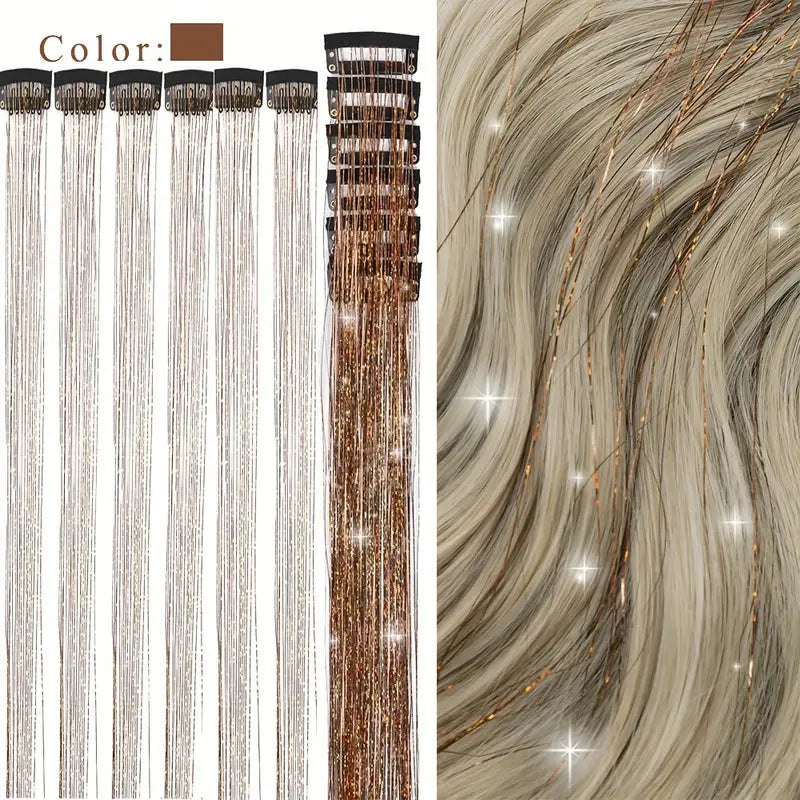 6pcs, 20 Inch Clip-In Hair Tinsel Extensions - Colorful Glitter Strands for Festivals, Parties, and Everyday Wear