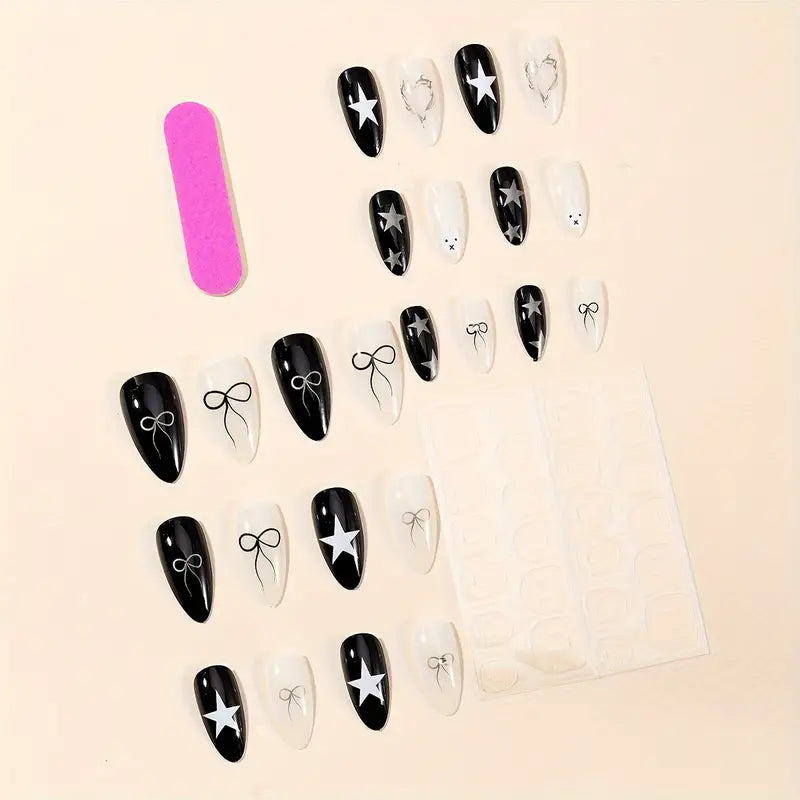 24Pcs Medium Almond Nails Black And White Irregular Silver Star Easter Rabbit Print Design Gloss Full Covered Acrylic Fake Nails For Women And Girls