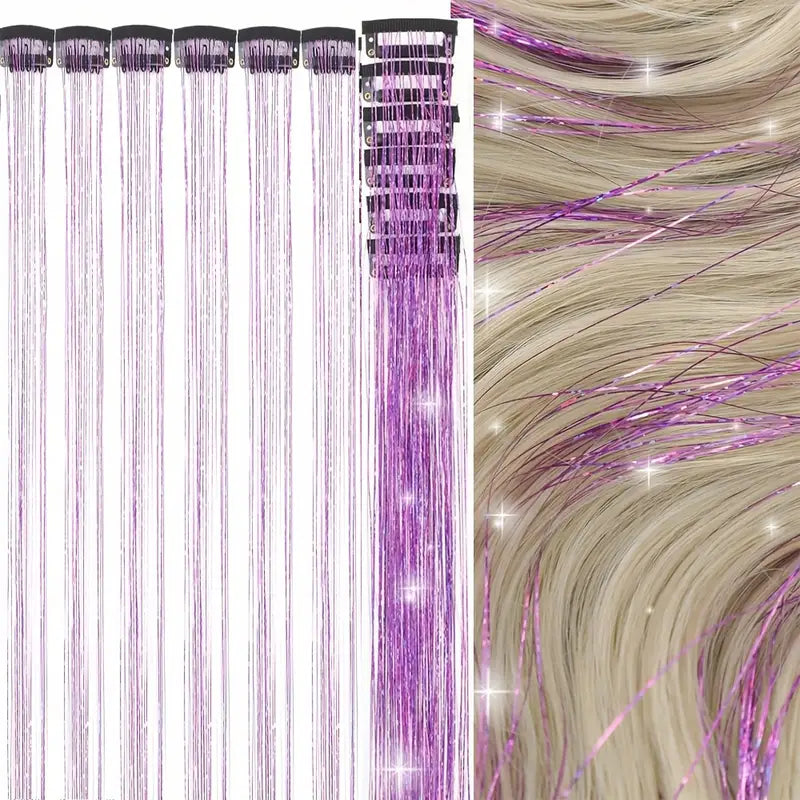 6pcs, 20 Inch Clip-In Hair Tinsel Extensions - Colorful Glitter Strands for Festivals, Parties, and Everyday Wear