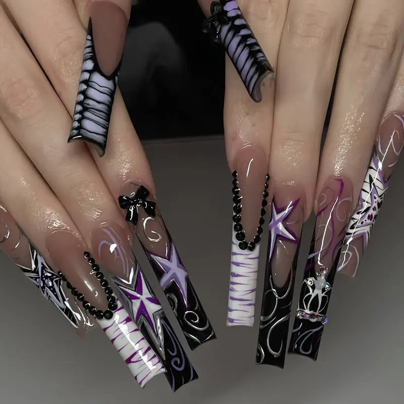24pcs Extra Long Coffin False Nails, Gothic Geometric Stripe & 3D Rhinestone Accents, Black Edges, Butterfly Bow, Star Design, Jelly Glue & Nail File Included, Perfect For Parties