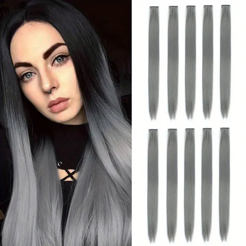 10 pcs Gray Clip-In Hair Extensions for Women - Perfect for Parties, Music Festival and Costumes
