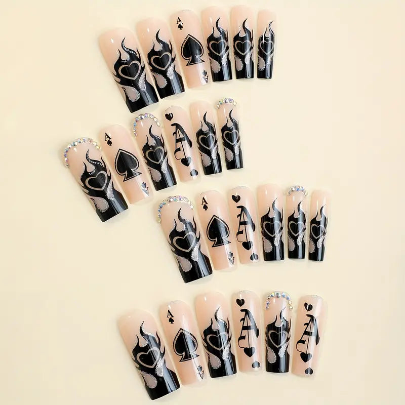 24pcs Extra Long Square Fake Nails, Nude Press On Nails With Black Heart, Flame And Rhinestone Design, Sweet Cool Y2K False Nails For Women Girls