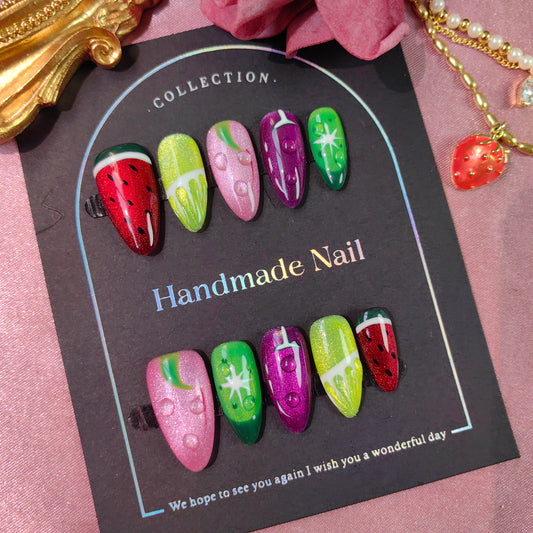 Vibrant and Colorful Fruit Themed Handmade Art Press on Nails