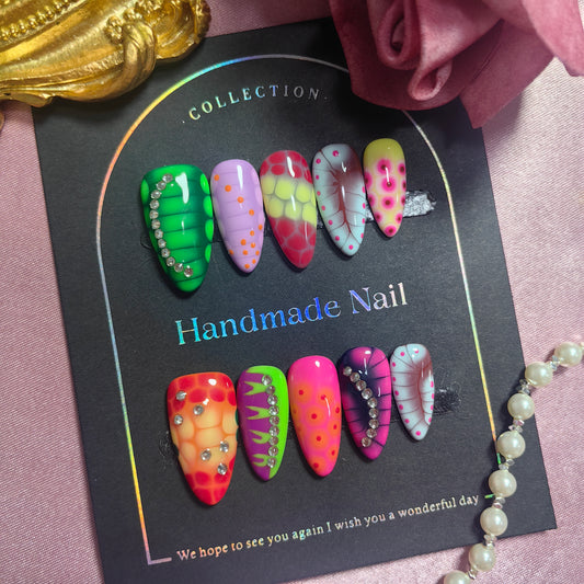 Unique Hand Painted Insect Patterned Press on Nails