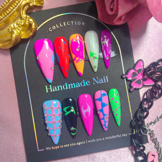 Cyber Sweet Cool Style Fluorescent Hand painted With Rhinestones Press on Art Nails