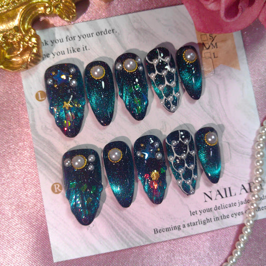 Handmade Gorgeous Starry Night Mermaid Pearl Press on Nail