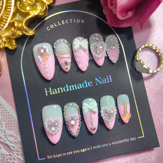 Romantic and Exquisite Pink White Gradient Diamond Decorated Press on Nails