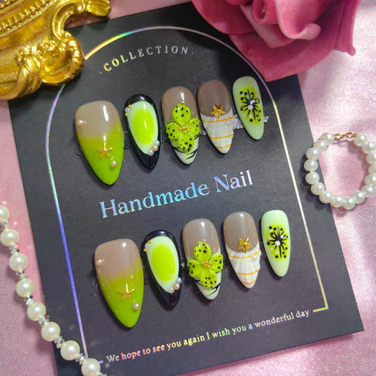 Handmade Personality Fluorescent Green Color Blocking 3D Flower Press on Nails